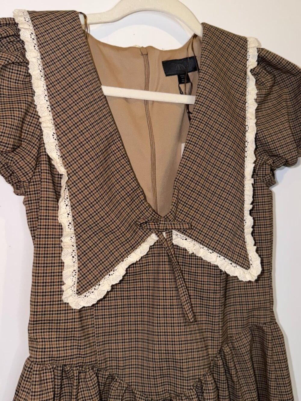 ZARA Brown Check Lace Collar Puff Sleeve Mini Dress Size M NWT - Picture 3 of 6
